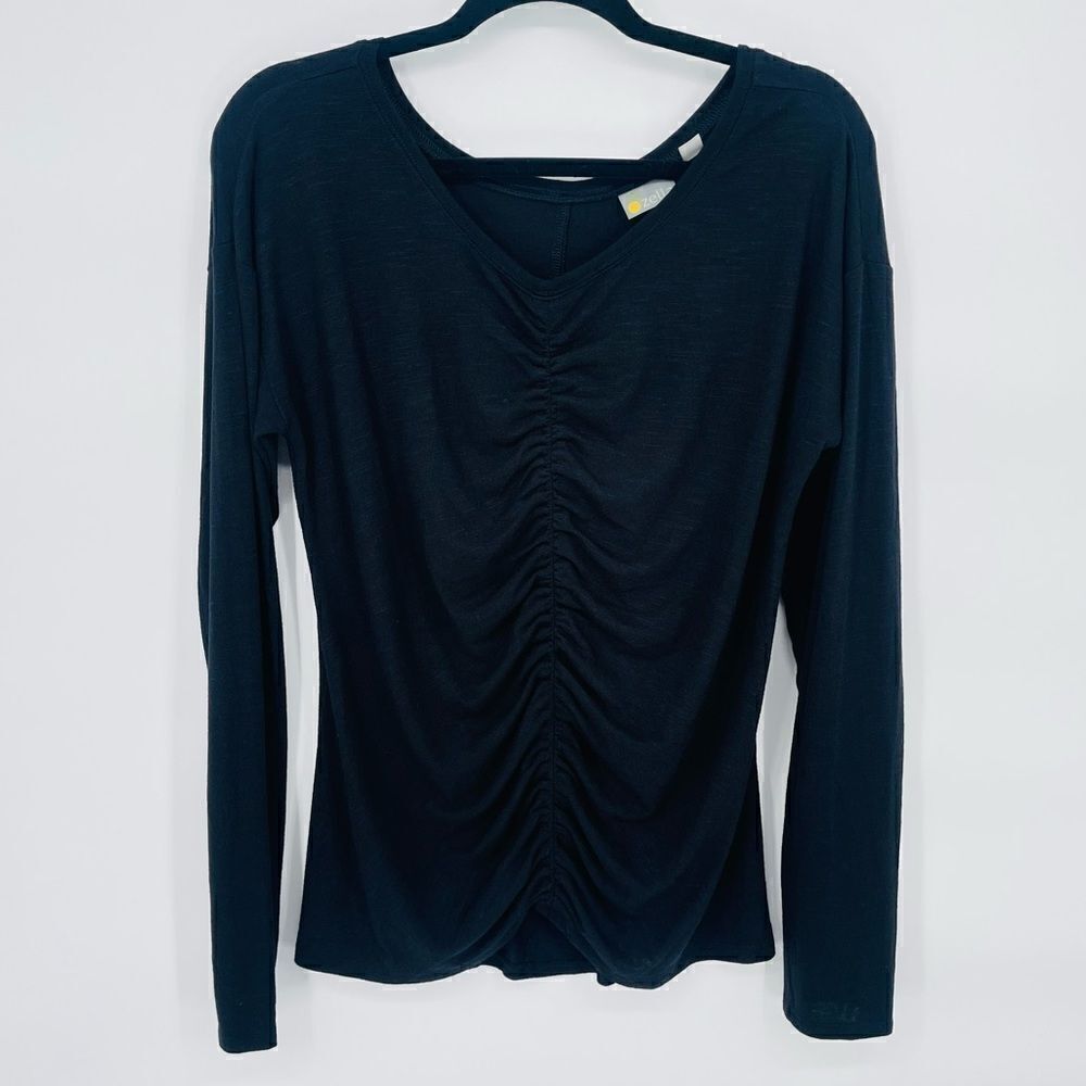 ZELLA Amara Reversible Ruched Long Sleeve Activewear Top - Black Large